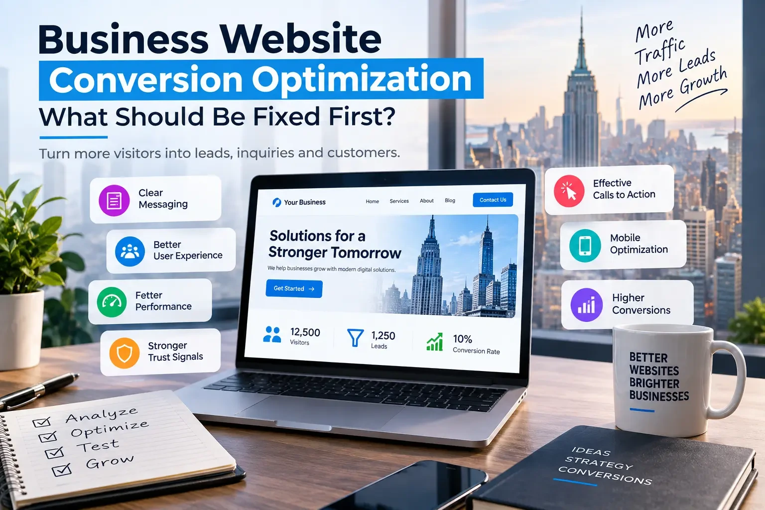 Business website conversion optimization analysis on a laptop with conversion metrics and New York business setting