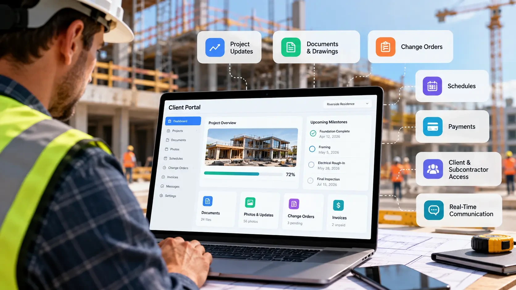 Construction client portal software dashboard for project updates, documents and budget visibility
