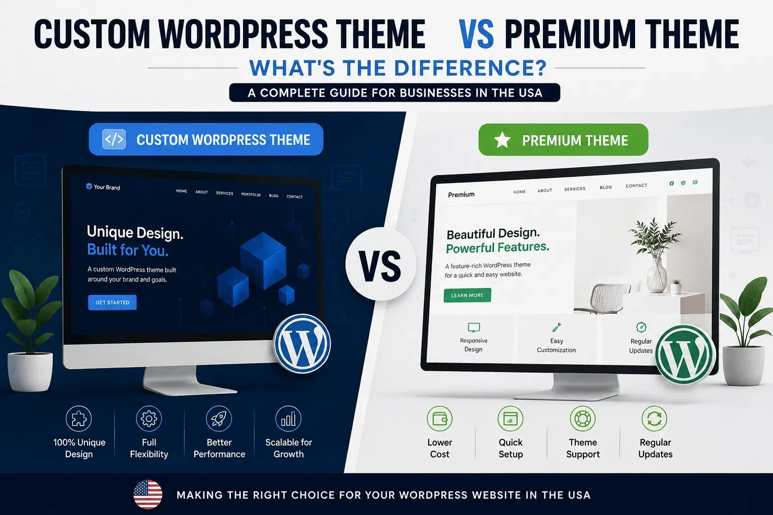 Custom WordPress theme vs premium theme comparison for business websites