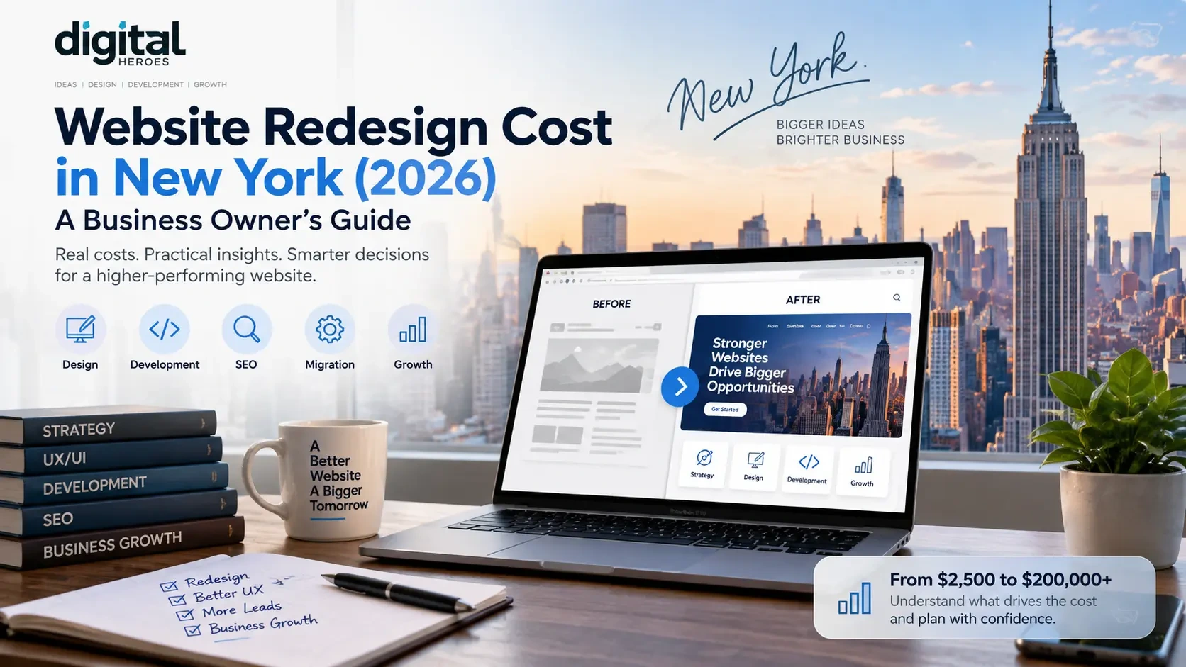 Business owner reviewing a website redesign cost breakdown on a laptop in New York